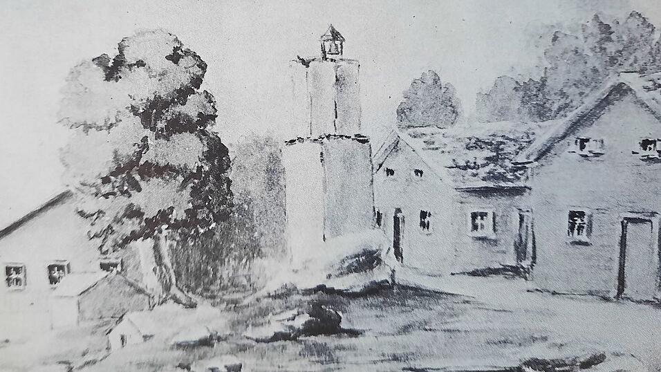 Allzu gerne w&uuml;rde Marion Bauer wissen, wer dieses Aquarell gemalt hat. Es zeigt den alten Dorfturm bei der Linde.