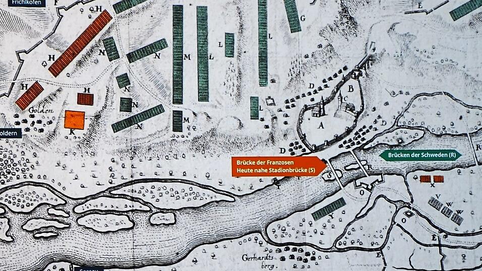 Im Drei&szlig;igj&auml;hrigen Krieg marschierten franz&ouml;sische (orange) und schwedische (gr&uuml;n) Truppen in Dingolfing (A) ein.