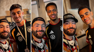 Salih Baris verst&auml;rkt das Friseur-Team bei der WM und&nbsp;trifft Kai Havertz (von links), Felix Nmecha und Jamal Musiala.&nbsp;