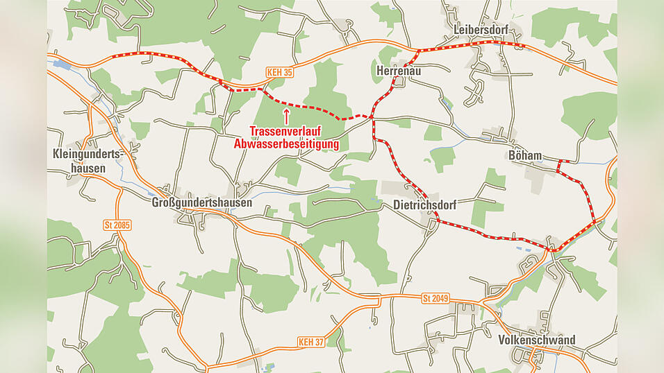 Die rote Linie zeigt den Trassenverlauf der Druckleitung nach Mainburg für den Anschluss der Ortsteile Böham, Leibersdorf und Volkenschwand.