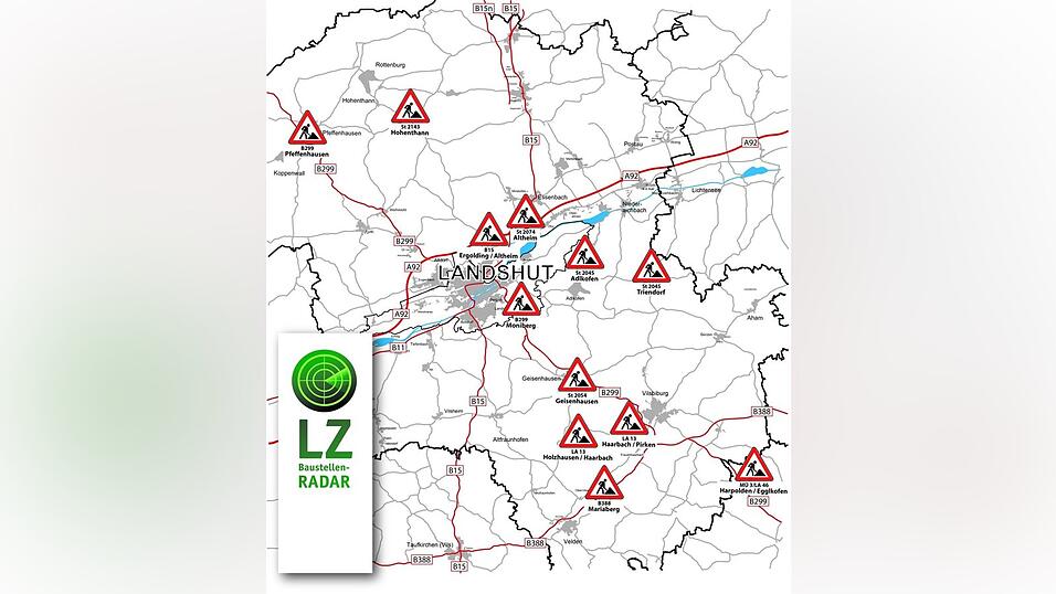 Die Karte zeigt die Baustellen an Bundes-, Staats- und Kreisstraßen im Landkreis. Die Karte zeigt die Baustellen an Bundes-, Staats- und Kreisstraßen im Landkreis.