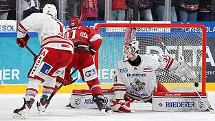 Noch nicht die Vorentscheidung: Hier traf Landshuts David Stieler (rotes Trikot) zwar zum zwischenzeitlichen 3:1, danach musste der EVL aber noch mal zittern und brachte den wichtigen Dreier vor allem wegen seiner starken Special-Teams ins Ziel.