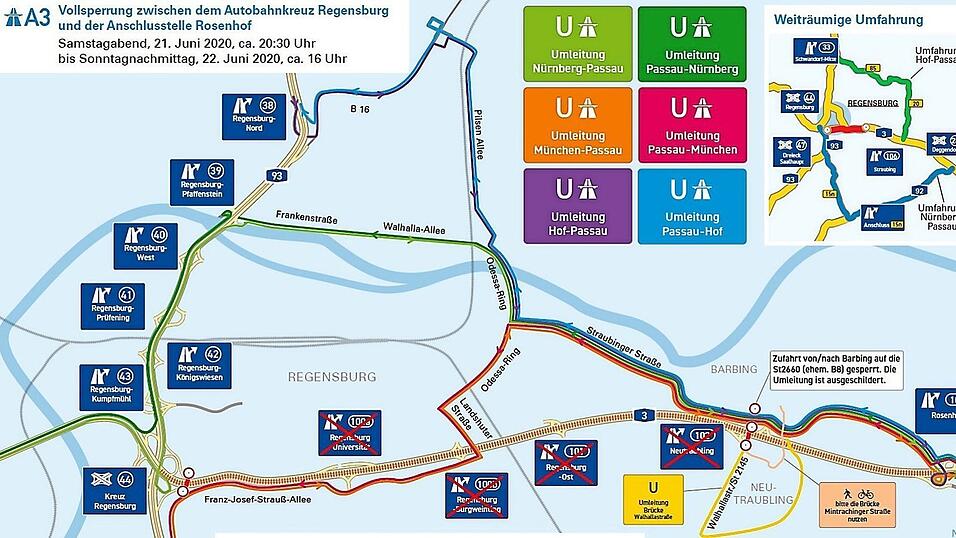 Am Samstag und Sonntag ist die A3 zwischen dem Autobahnkreuz Regensburg und der Anschlussstelle Rosenhof gesperrt. Am Samstag und Sonntag ist die A3 zwischen dem Autobahnkreuz Regensburg und der Anschlussstelle Rosenhof gesperrt.