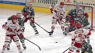 Scheibe frei - aber offensichtlich will sie keiner haben: Die Landshuter tauchten zwar immer wieder mal aussichtsreich vor dem Eispiraten-Kasten von Keeper Kevin Reich auf und feuerten laut offizieller Statistik sogar 30 Torsch&uuml;sse ab. Doch brachten (von links in wei&szlig;en Trikots) David Rundqvist, Tobi Schwarz, Tobias Lindberg und Co. am Sonntagabend vor 2.587 Zuschauern im Sahnpark partout nichts Z&auml;hlbares zustande.