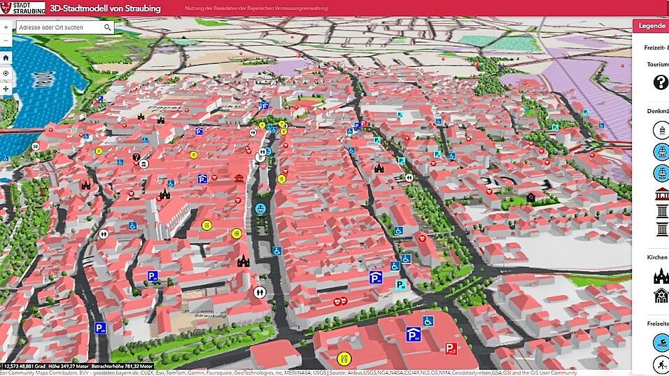Straubing kann man in einer 3D-Karte virtuell überfliegen. Straubing kann man in einer 3D-Karte virtuell überfliegen.