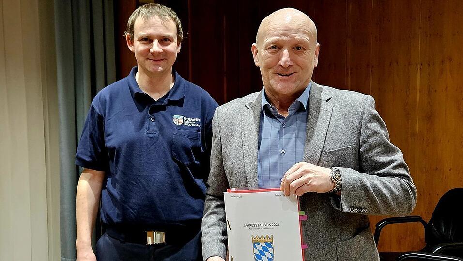 Kreisbrandmeister Andreas Miller erstattete B&uuml;rgermeister Franz Aster Bericht &uuml;ber die Jahresstatistik 2025 der Wallersdorfer Wehren.