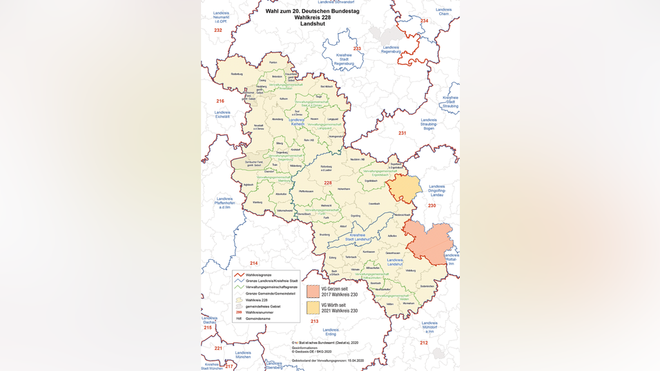 Der Wahlkreis 228 hat zu viele Einwohner, daher mussten dem Wahlkreis Rottal-Inn sieben Gemeinden (schraffiert) angegliedert werden. Der Wahlkreis 228 hat zu viele Einwohner, daher mussten dem Wahlkreis Rottal-Inn sieben Gemeinden (schraffiert) angegliedert werden.