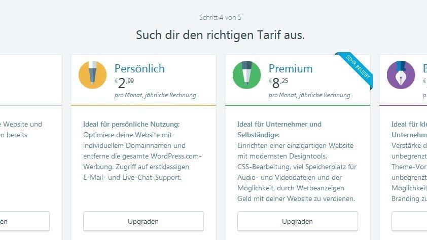4. Jetzt wählst du einen für dich passenden Tarif. Der kostenlose Tarif reicht für den Anfang vollkommen aus. Später kannst du theoretisch immer noch upgraden, wenn du merkst, dass dir der kostenlose Tarif nicht genug ist. Für 2,99 Euro monatlich schaltet der Anbieter zum Beispiel keine Werbung.