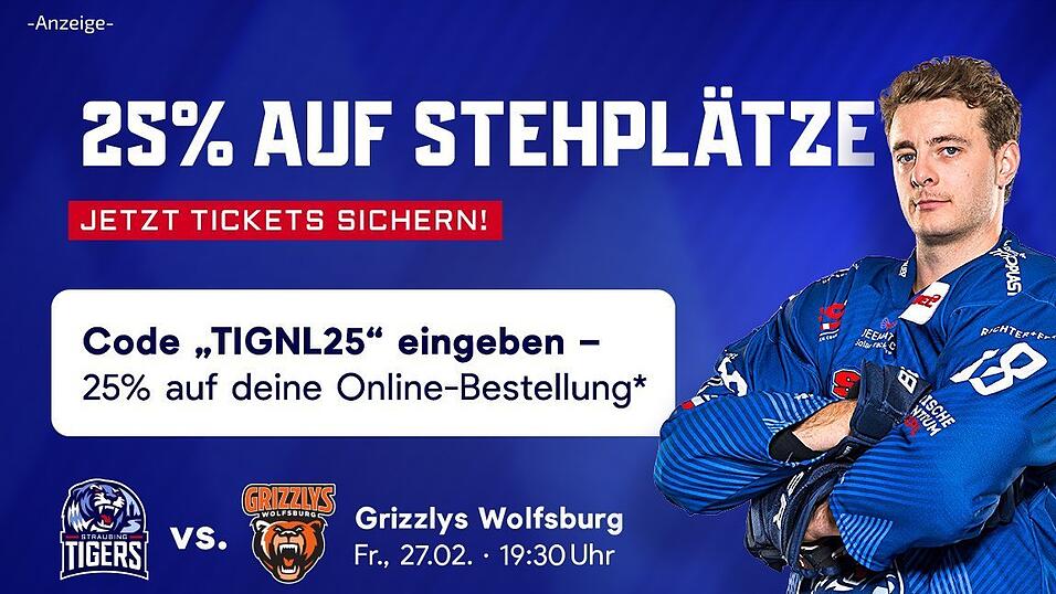 Es gibt 25 Prozent Rabatt auf Stehplätze beim Spiel Straubing Tigers gegen Grizzlys Wolfsburg. (Anzeige) Es gibt 25 Prozent Rabatt auf Stehplätze beim Spiel Straubing Tigers gegen Grizzlys Wolfsburg. (Anzeige)