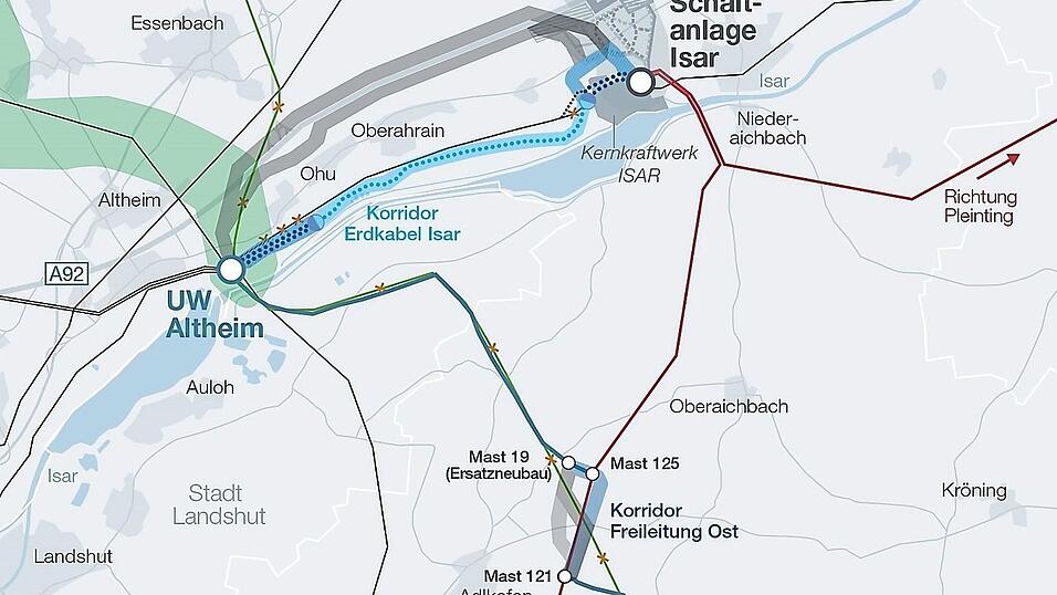 Auf Essenbacher Marktgebiet entsteht laut Plan ein Teil-Erdkabel. Aus drei Optionen w&auml;hlte das Unternehmen die S&uuml;dvariante (blau eingezeichnet). Bei Adlkofen entschied sich Tennet f&uuml;r den Ost-Korridor.