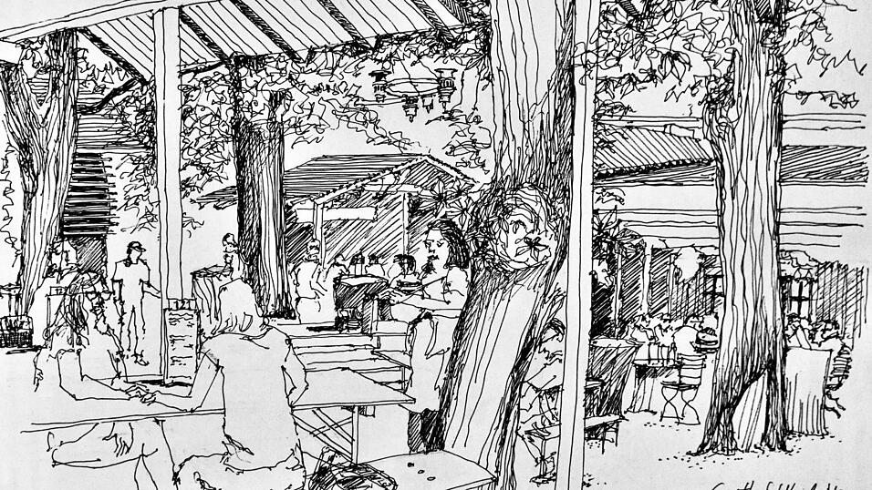 Szene beim Meyer in Piflas, festgehalten von Helmut Wartner: Rotkastanie, Platane und andere Bäume machen den Charme des Biergartens aus.