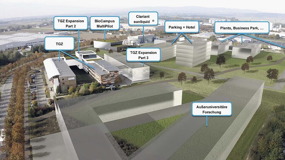 Die geplante Multipilot-Anlage (im Hintergrund links) soll Teil eines 'Masterplan Biocampus' sein. Dabei geht es nicht nur um die Erweiterung des Technologie- und Gründerzentrums in zwei Abschnitten, sondern auch um weitere Gebäude, die für einschlägige Firmen und Forschungsvorhaben gebaut werden könnten. Die geplante Multipilot-Anlage (im Hintergrund links) soll Teil eines 'Masterplan Biocampus' sein. Dabei geht es nicht nur um die Erweiterung des Technologie- und Gründerzentrums in zwei Abschnitten, sondern auch um weitere Gebäude, die für einschlägige Firmen und Forschungsvorhaben gebaut werden könnten.