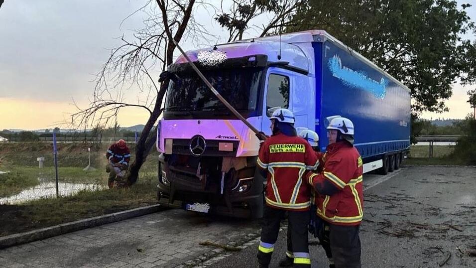 Die Freiwilige Feuerwehr Wörth musste gleich mehrere Bäume von dem Lastwagen entfernen. Die Freiwilige Feuerwehr Wörth musste gleich mehrere Bäume von dem Lastwagen entfernen.