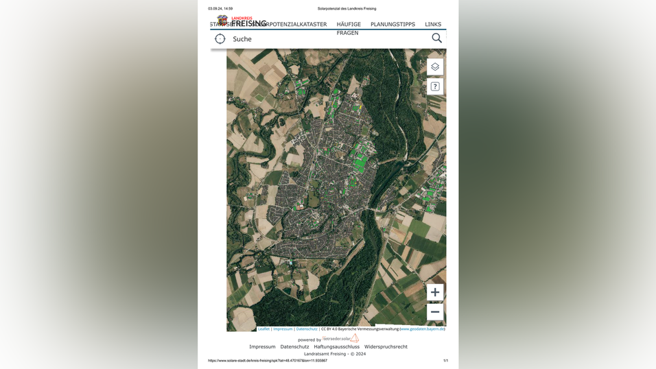 Das Solarpotenzialkataster des Landkreises zeigt, welche Dachflächen in Moosburg (grün markiert) gut geeignet sind, um die Sonne 'anzuzapfen'. Das Solarpotenzialkataster des Landkreises zeigt, welche Dachflächen in Moosburg (grün markiert) gut geeignet sind, um die Sonne 'anzuzapfen'.
