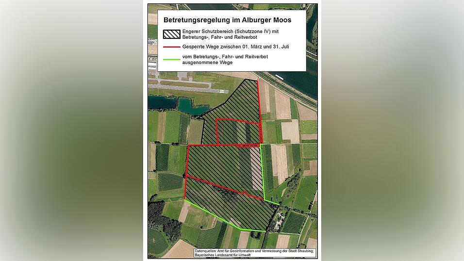 Die Karte zeigt das gesamte Schutzgebiet: Am oberen Rand verl&auml;uft die Donau, links oben ist der Flugplatz Wallm&uuml;hle zu sehen.
