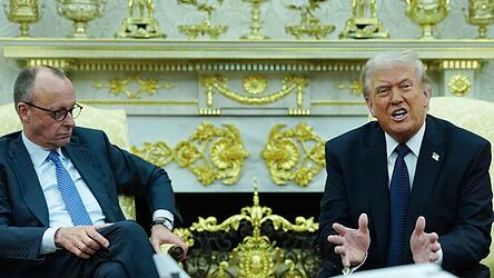 US-Pr&auml;sident Donald Trump (r.) sprach mit Bundeskanzler Friedrich Merz im Wei&szlig;en Haus unter anderem &uuml;ber den Krieg im Iran.