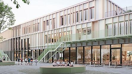 So soll der Anbau f&uuml;r Theresia-Gerhardinger-Grundschule nach den Vorstellungen der Architekten im Jahr 2029 aussehen.