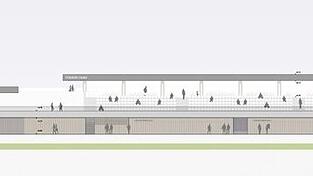 Links das Kinderhaus, rechts die Tribüne: Das ist der vorläufige Plan des Sportkindergartens Links das Kinderhaus, rechts die Tribüne: Das ist der vorläufige Plan des Sportkindergartens