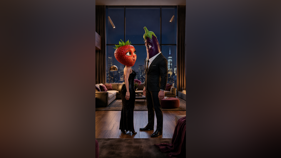 Ein Hype, so kurios und gleichzeitig faszinierend: KI-generiertes Obst, das fremdgeht. Wer im Bild wohl die Affäre ist? Bild: Ein Hype, so kurios und gleichzeitig faszinierend: KI-generiertes Obst, das fremdgeht. Wer im Bild wohl die Affäre ist? Bild:
