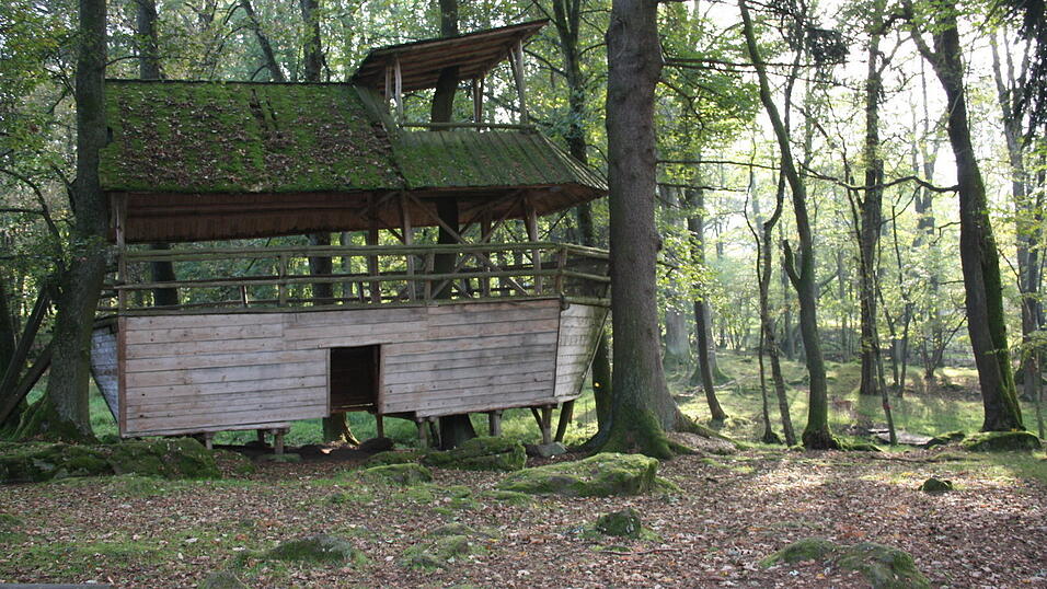 Hier sieht man die Wildnisarche, ein großes Holzschiff, das für Besucher da ist, aber gleichzeitig als Futterstelle für Rehe und Hirsche dient.