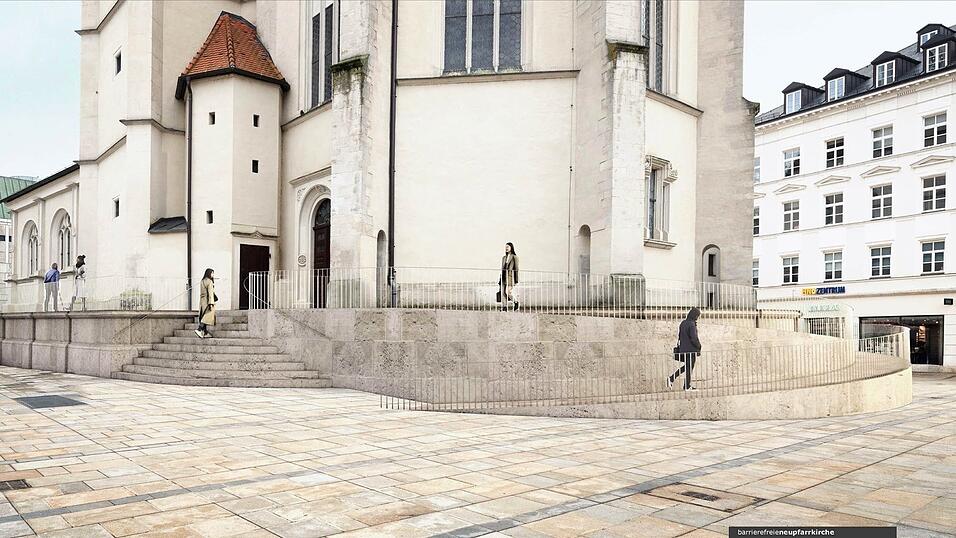 Eine schneckenf&ouml;rmige Rampe und eine senkrechte St&auml;bung als Absicherung kommen in dem Entwurf vor. Menschen k&ouml;nnten dann nicht mehr am &bdquo;Stadtbalkon&ldquo; rund um die Kirche sitzen.&nbsp;&nbsp; &nbsp;Visualisierung: Architekturb&uuml;ro marte.marte