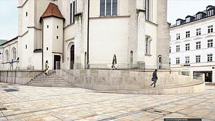 Eine schneckenf&ouml;rmige Rampe und eine senkrechte St&auml;bung als Absicherung kommen in dem Entwurf vor. Menschen k&ouml;nnten dann nicht mehr am &bdquo;Stadtbalkon&ldquo; rund um die Kirche sitzen.&nbsp;&nbsp; &nbsp;Visualisierung: Architekturb&uuml;ro marte.marte