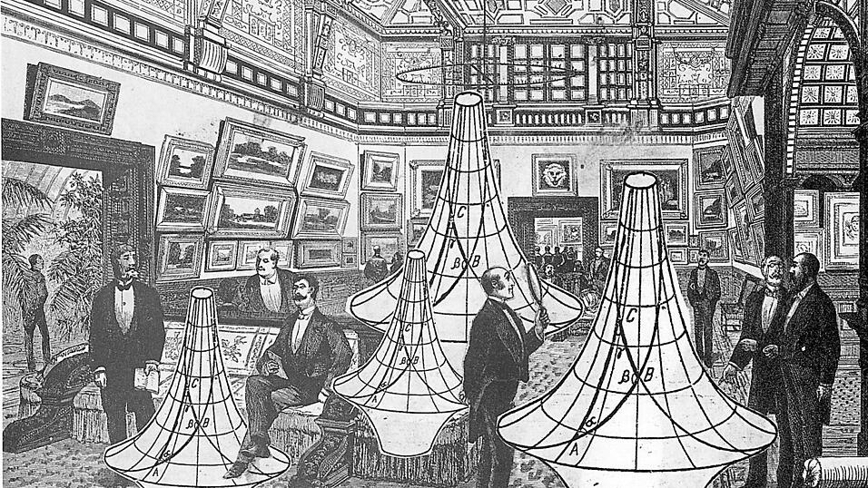 Filigranes Eindringen der Geometrie in die Wirklichkeit: zu sehen in Imre T&oacute;ths Collage 'Dans le Salons du Grand Hotel Waldorff-Astoria&rdquo;. Imre T&oacute;th wirkte von 1971 bis 1990 in Regensburg.