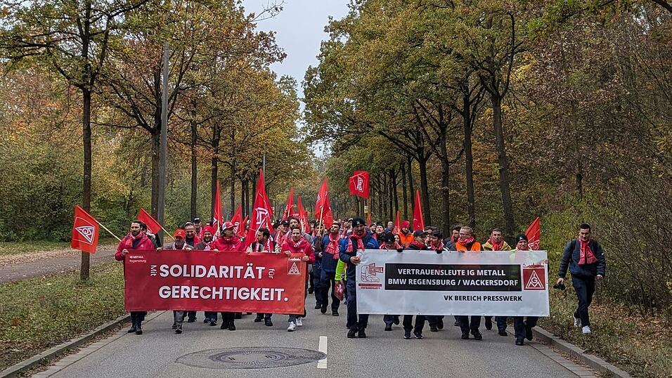 Rund 3.000 BMW-Mitarbeiter beteiligten sich am Donnerstag in Regensburg am Warnstreik. Rund 3.000 BMW-Mitarbeiter beteiligten sich am Donnerstag in Regensburg am Warnstreik.