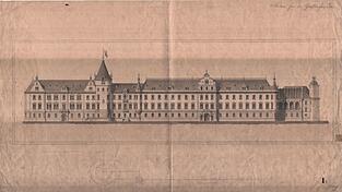 Ausführungsplan der Alleefassade des Südflügels des fürstlichen Schlosses St. Emmeram in Regensburg um das Jahr 1883: Max Schultze verantwortete als Oberbaurat den Neubau des Flügels.