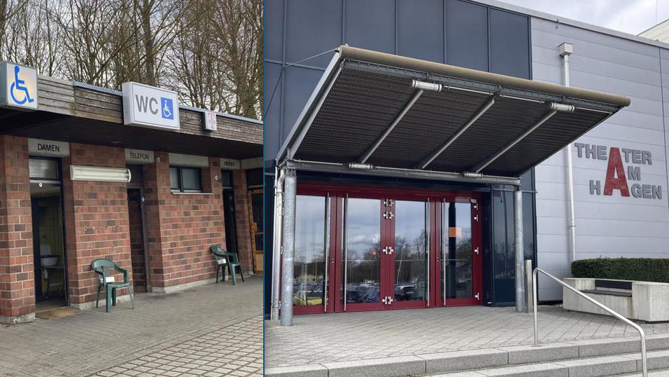 Die bestehende WC-Anlage am Hagen (links) ist marode. Jetzt wird geprüft, ob die Toiletten im Theater am Hagen (rechts) öffentlich zugänglich gemacht werden sollen. Die bestehende WC-Anlage am Hagen (links) ist marode. Jetzt wird geprüft, ob die Toiletten im Theater am Hagen (rechts) öffentlich zugänglich gemacht werden sollen.