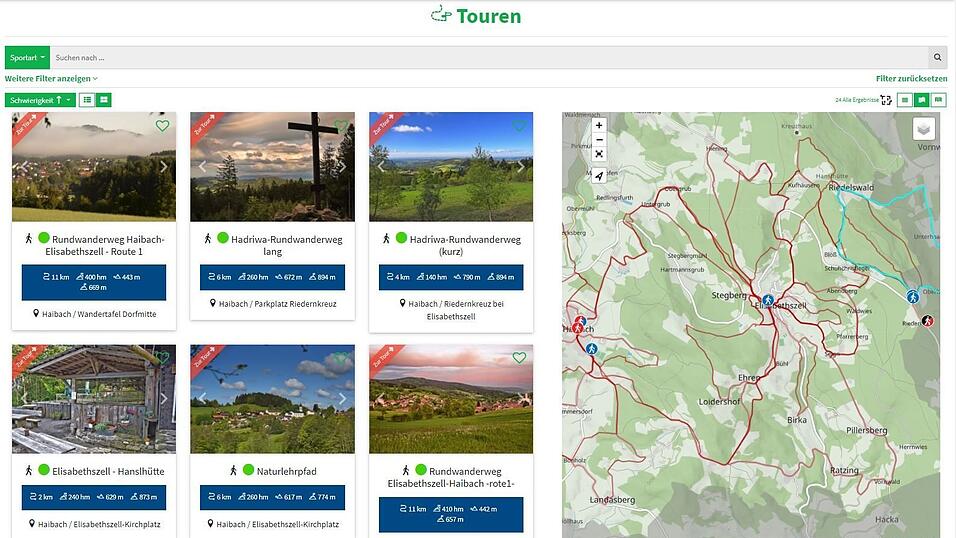 Der Fremdenverkehrsverein Elisabethszell hat im Internet ein Portal mit zahlreichen Wandertouren f&uuml;r die verschiedensten Anspr&uuml;che verwirklicht. (Screenshot)