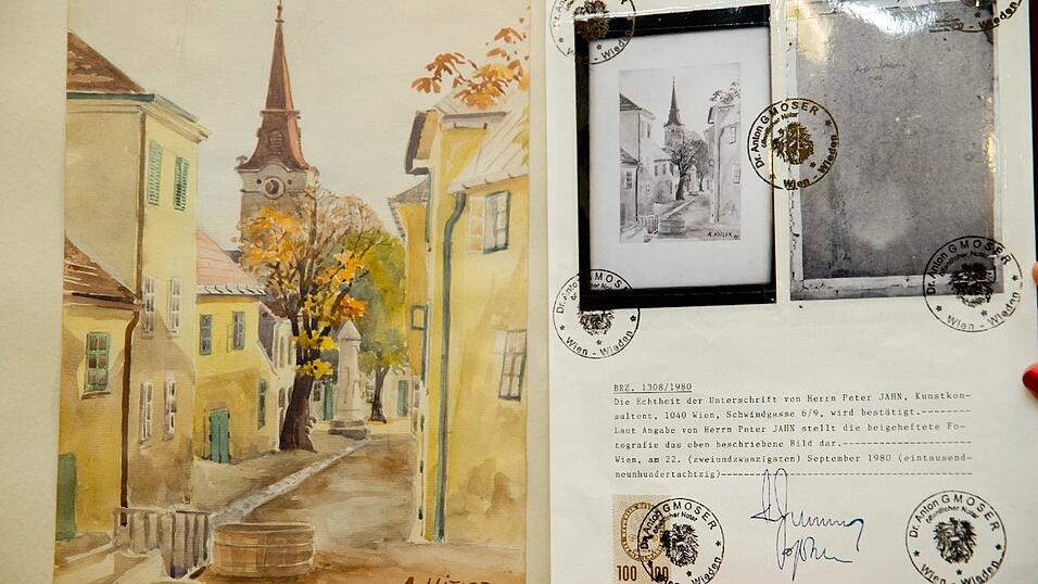 Das Aquarell 'Stadtansicht Gumpoldskirchen' (von 1903), das Adolf Hitler zugeschrieben wird. Das Aquarell 'Stadtansicht Gumpoldskirchen' (von 1903), das Adolf Hitler zugeschrieben wird.