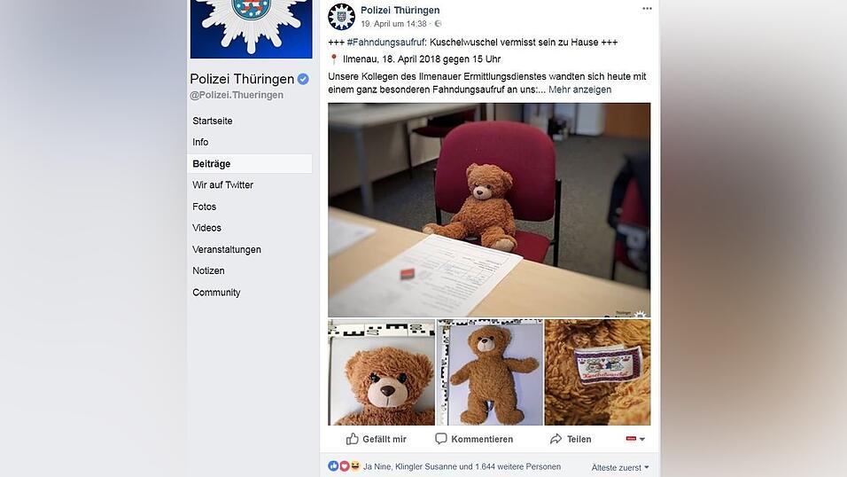 Durch einen Fahndungsaufruf der Thüringer Polizei auf Facebook fand der Teddy schnell zurück zu seiner Familie. Durch einen Fahndungsaufruf der Thüringer Polizei auf Facebook fand der Teddy schnell zurück zu seiner Familie.