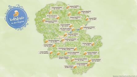 Volksfeste im Landkreis Landshut: die Termine im &Uuml;berblick. (Die Karte erhebt keinen Anspruch auf Vollst&auml;ndigkeit).