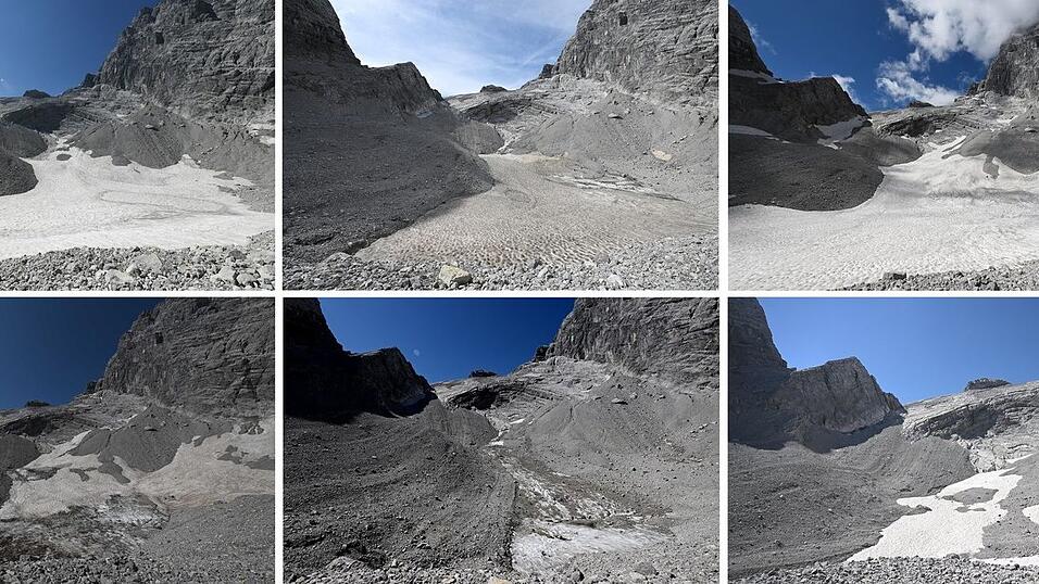 Die Bildreihe zeigt den massiven Verlust des Watzmanngletschers seit 2021 . Die Bildreihe zeigt den massiven Verlust des Watzmanngletschers seit 2021 .