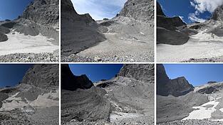 Die Bildreihe zeigt den massiven Verlust des Watzmanngletschers seit 2021 .