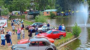 Die Oldtimer-Pkw standen in der ersten Reihe am See beim Oldtimertreffen. Die Oldtimer-Pkw standen in der ersten Reihe am See beim Oldtimertreffen.