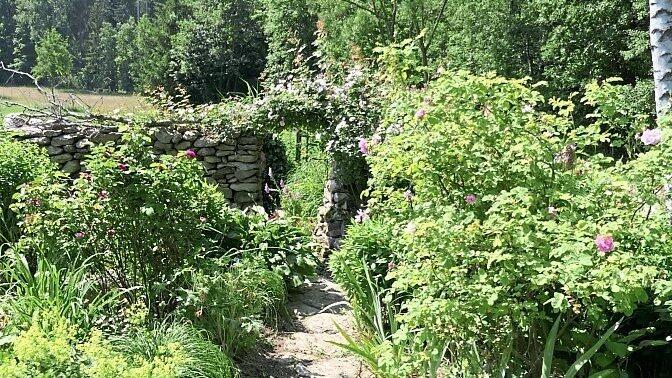 Der Burggarten: Hinter der Mauer befinden sich ein kleiner Teich und eine versteckte Sitznische.
