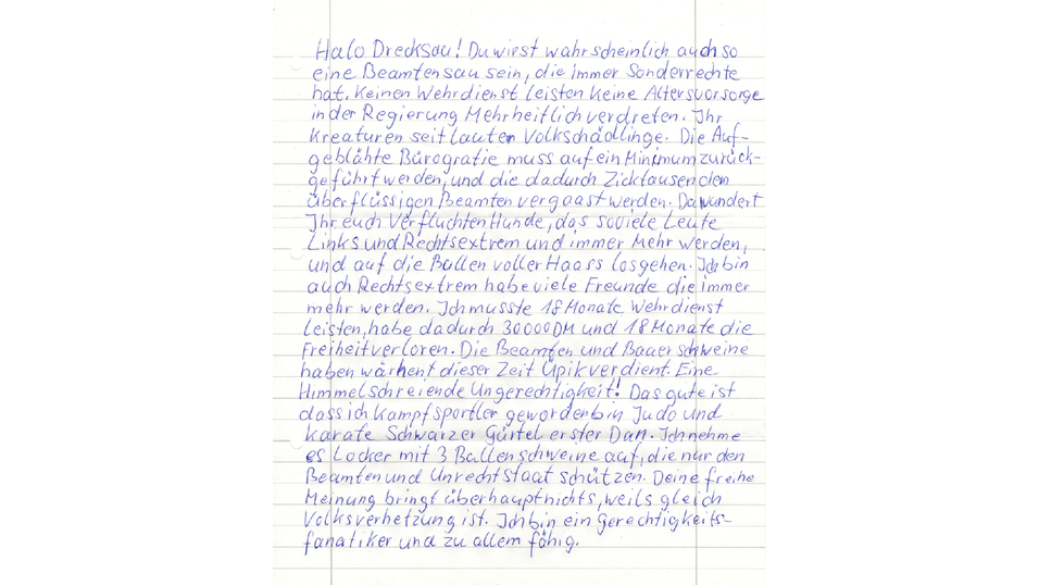 Ein Ausschnitt aus einem Hassbrief des Angeklagten.
