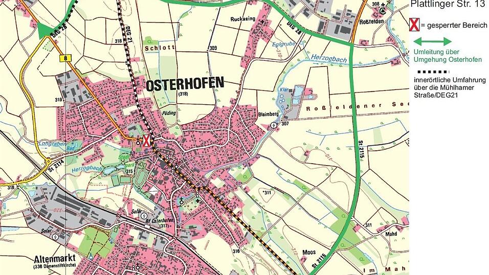 Die Straßensperre und die Umleitungen im Überblick.