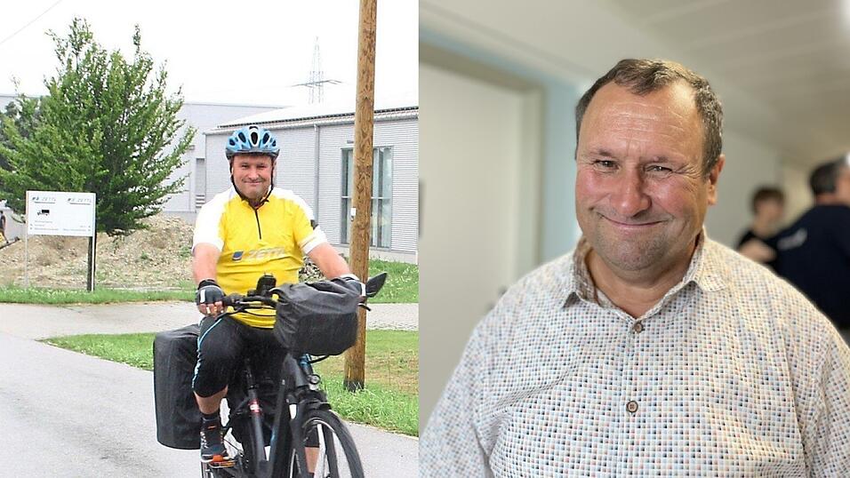 Vom damaligen Arbeitgeber aus startete Erwin Irlbeck im Juli 2021 zu seiner ersten Spenden-Tour (Foto links). 300 Kilometer waren das. Nun wird er auf eine längere Strecke kommen, schätzt er. Die Etappenabfolge steht noch nicht fest. Weil er selbst als Patient mit Brüchen im Krankenhaus Landshut-Achdorf war, musste Erwin Irlbeck seine Spenden-Rad-Touren pausieren. Doch nun geht es wieder los - zu der bisher größten Tour.