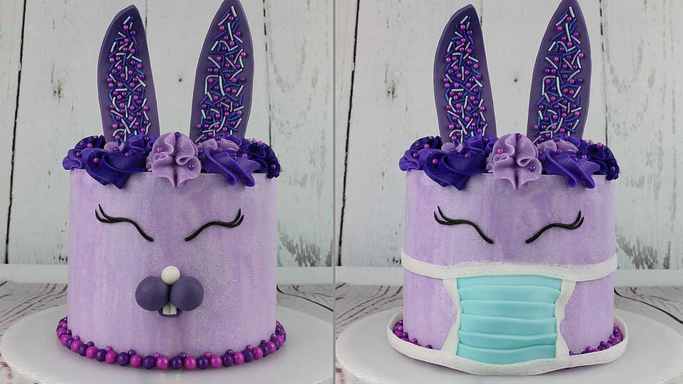 Als Grundlage für die 'Osterhasen'-Torte diente eine Marshmallowfluff-Buttercreme, eingefärbt mit lila Lebensmittelfarbe. Die süße Hasentorte hier einmal mit 'Mundschutz' und einmal ohne.