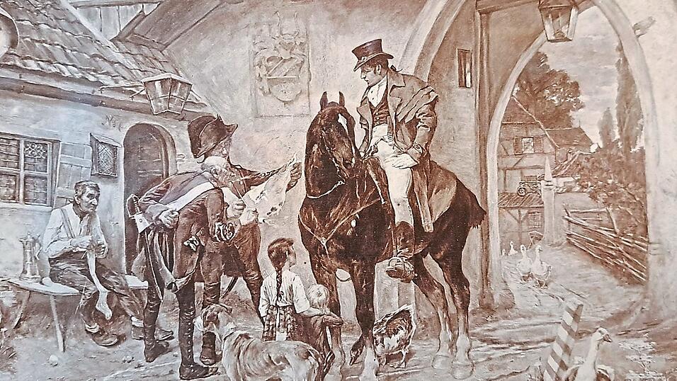 Von einem unbekannten K&uuml;nstler ist diese Szene eines Boten am Ampertor, erkennbar am au&szlig;en angebrachten Treppenhaus (links oben), durch das man in die Wohnr&auml;ume gelangte.