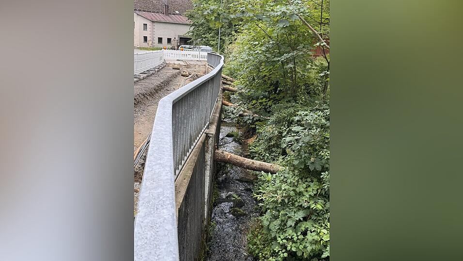 Die St&uuml;tzmauer braucht selber Unterst&uuml;tzung: Holzpf&auml;hle helfen derzeit mit, sie in Position zu halten.