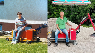 Vorher – Nachher: Vor fast 30 Jahren baute Hermann Schmuck den Bagger für seine Kinder, heute kann er auch wieder auf seinem Werk sitzen.