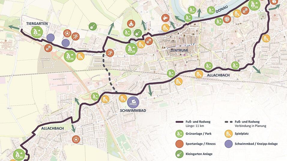 Elf Kilometer ist der Fu&szlig;- und Radweg an Allachbach, Donau und Stadtpark bis zum Tiergarten lang und bietet eine Vielzahl von M&ouml;glichkeiten f&uuml;r Erholung und Bewegung.