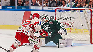 Drin ist das Ding: Trevor Gooch überlistete Starbulls-Keeper Christopher Kolarz in der 54. Minute zum 3:2 - zugleich sein erster Pflichtspieltreffer für den EV Landshut.