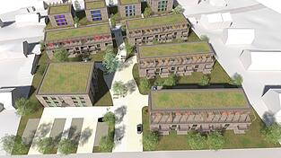 Neun Geb&auml;ude mit 81 Wohnungen sieht ein Entwurf zur &bdquo;Ludwigsh&ouml;he&ldquo; vor. Im Bildvordergrund verl&auml;uft die Dr.-Aichner Stra&szlig;e, hinten rechts trifft die Wolfstra&szlig;e auf Grundst&uuml;ck.