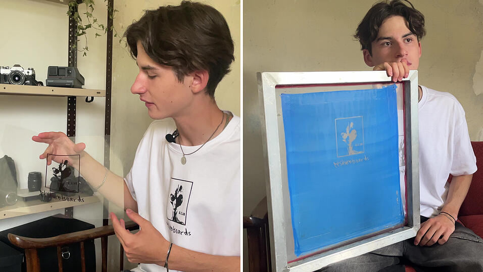 Vorbereiten: Alles beginnt mit der Idee für ein Motiv. Zusammen mit seinem Bruder verfeinert Julius diese und erstellt die fertige Grafik am Computer. Anschließend folgt der einzige Schritt, den der 17-Jährige nicht selbst übernimmt: Er bestellt das Motiv auf Folie, die erinnert an die Folien von Tageslichtprojektoren. Die Folie kommt auf das Sieb, mit dem Julius druckt. „In einem langen Prozess mit Emulsionen, Belichten und Auswaschen kommt das Motiv aufs Sieb“, erklärt Julius. Dann ist alles bereit für den eigentlichen Druck.