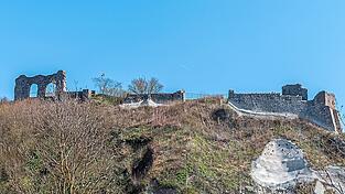 Von weitem ist die Burgruine auf dem Schlossberg in Winzer sichtbar.